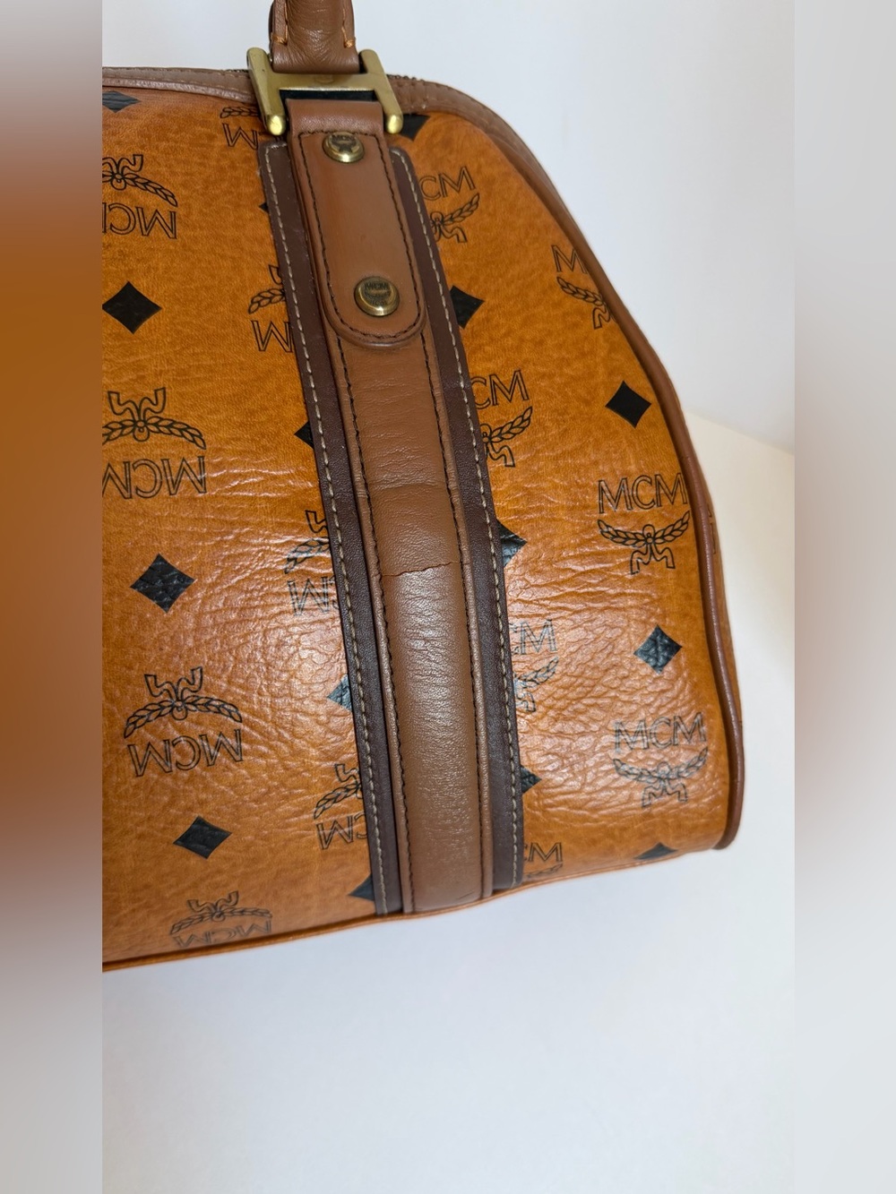 MCM Cognac Monogram Boston Satchel with Brown Trim - Picture 4 of 13